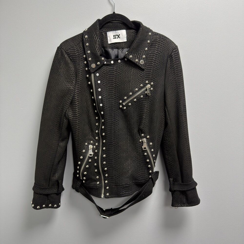SX Women Asymmetric Snakeskin Perfect Suede Fabric Slim Fit Biker Jacket SZ M/L